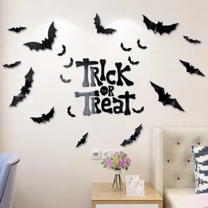 Halloween 3D acrylic mirror wall stickers, trick or treat bat decor for festival home.