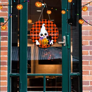Halloween Holz Hängeschild mit Geist und Kürbis Motiv für Haustür und Wanddekoration.