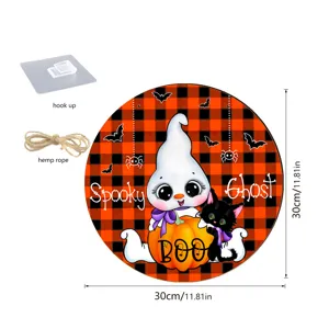 Halloween Holzhängeschild mit Geist Kürbis und schwarzer Katze, 30cm festliche Wanddeko.
