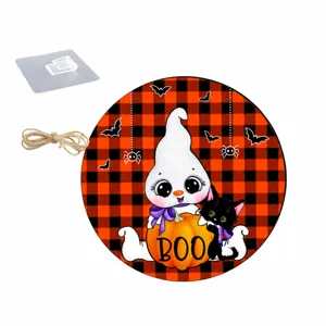 Halloween Holzhängeschild, süßer Geist Katze Kürbis Plakette mit Seil und Haken, 30 cm.