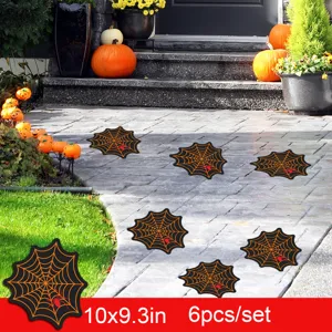 Halloween spider web floor stickers, 10x9.3in 6pcs set, waterproof spooky party wall decals.