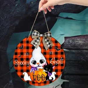 Halloween Holzhängeschild Geist Kürbis Schwarze Katze Wanddekoration Runde Plakette Mit Haken Und Seil Partybedarf