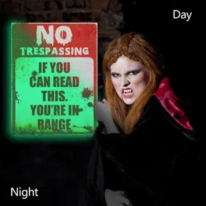 Halloween luminous warning sign wall sticker, fluorescent scary poster for holiday decor.