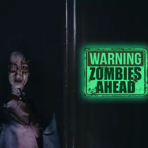 Halloween luminous zombie warning wall sticker, glowing fluorescent sign for spooky party decor.