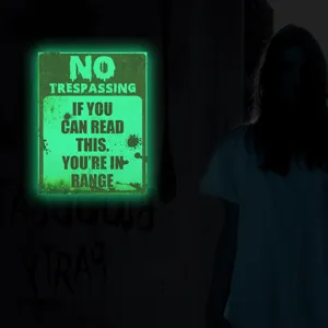 Halloween glow in the dark warning poster wall sticker, spooky fluorescent sign for party decor.