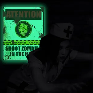 Halloween glowing zombie warning wall sticker, spooky fluorescent poster for party decor.