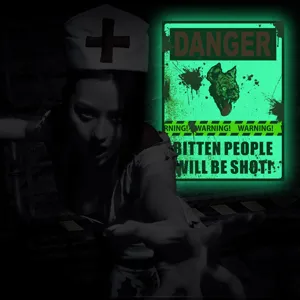 Halloween glowing warning wall sticker detail showing luminous sign and scary nurse scene.