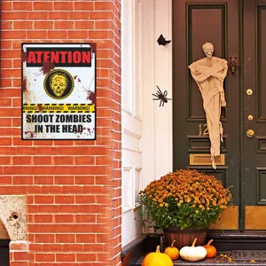Halloween zombie warning metal sign wall sticker horror holiday decoration festival props