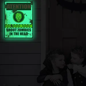 Halloween glowing zombie warning wall sticker, luminous horror sign poster for holiday decor.