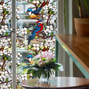 Film pour fenêtres en vitrail motif oiseau floral décoration intimité statique.