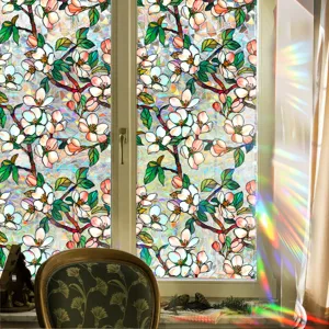 Decorative static glass window film with colorful floral pattern, privacy and anti-collision.