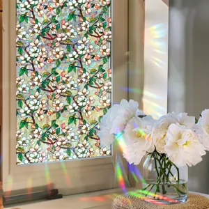 Decorative 3D window film with colorful flower pattern, static cling privacy glass sticker.