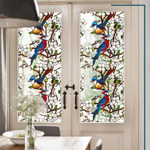 Film pour fenêtre décoratif avec motif d'oiseaux et de fleurs en vitrail pour maison.