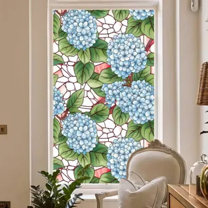 Film décoratif pour fenêtre avec motif hortensia bleu, adhésif statique et autocollant.