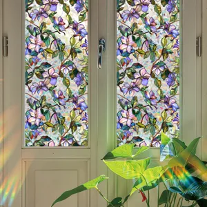 Decorative stained glass window film with beautiful purple floral privacy pattern