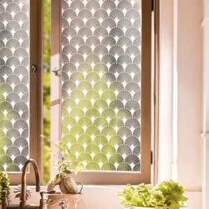 Decorative window privacy film detail, art deco fan pattern frosted glass sticker for home.