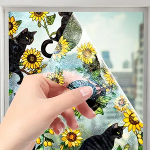 Film pour vitre statique avec motif chat noir et tournesol pour decoration intimite maison.