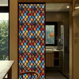 Glas-in-lood raamfolie, vintage ruitpatroon PVC statische privacyfolie voor thuis.