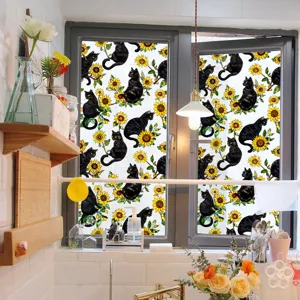 Film fenetre chat noir tournesol autocollant verre statique decoration interieure detail.