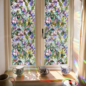 Decorative stained glass window film with colorful floral pattern for privacy and anti-collision.