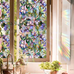 Stained glass window film with colorful floral pattern, provides privacy and anti-collision effect.