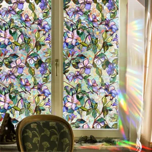 Decorative PVC stained glass window film, floral pattern privacy sticker for home decor.
