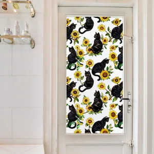 Film fenetre chat noir tournesol autocollant verre statique vue de detail decoration