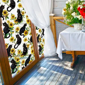 Film pour vitre décoratif avec motifs de chats noirs et tournesols, idéal pour décoration en verre.