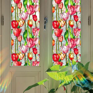 Stained glass tulip window film static cling privacy sticker for home decor protection.