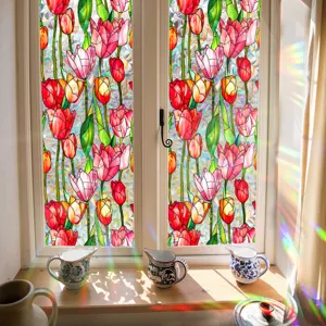 Static cling window film colorful tulip stained glass design anti collision privacy sticker