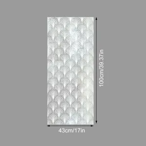 Detail view of decorative window film with elegant white lace stone pattern and size 43x100cm.