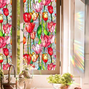 Colorful stained glass tulip window film static cling privacy glass sticker home