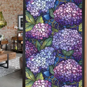Film pour fenêtre en vitrail hortensia décoratif, autocollant en verre statique pour maison.