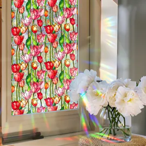 Decorative stained glass window film with colorful tulip pattern, static cling PVC film for home decor.