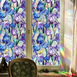 Decorative window film with purple iris floral pattern, static cling glass sticker for home.