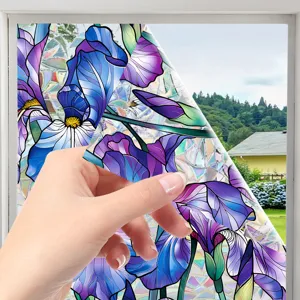 Stained glass window film peel off detail, blue purple iris floral static cling privacy glass sticker.