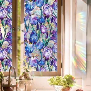 Detailed view of colorful iris window film with rainbow light effect, privacy sticker.