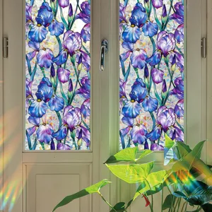 Colorful stained glass window film, iris flower static cling privacy glass sticker.