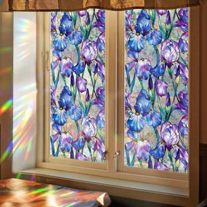 Static stained glass window film featuring colorful iris floral pattern detail view.