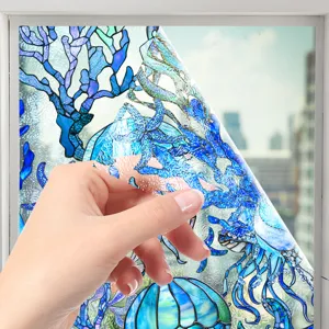 Film pour fenetre statique decoratif avec motif de corail marin bleu pour deco de vitre maison.
