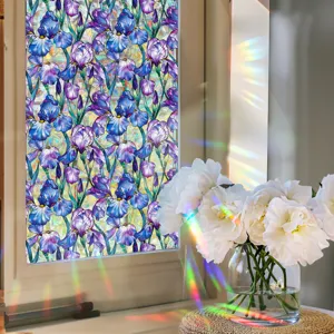 Detailed view of colorful iris window film static cling decorative glass sticker anti-collision.