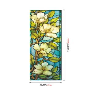 Film pour vitre en vitrail avec design de fleurs de magnolia blanc, adhésif statique, 45x100cm.