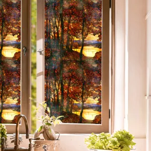 Film pour fenêtre vitrail style Tiffany motif forêt d'automne autocollant décoratif intimité