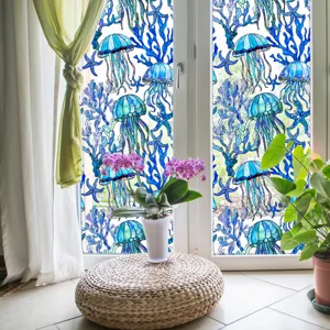 Film pour fenêtre décoratif avec motifs de méduses bleues et coraux pour l'intimité.
