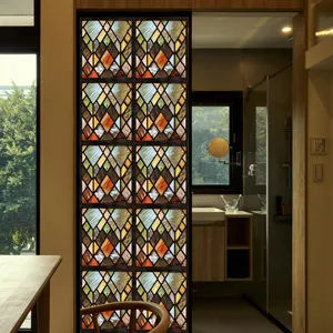 Retro gebrandschilderd glas raamfolie decoratieve PVC statische geometrisch patroon huis
