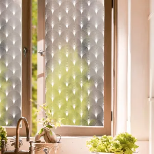 Decorative static window glass film with elegant lace pattern for home decor detail view.