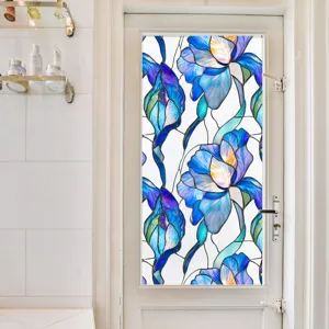 Film pour fenêtres décoratif vitrail fleur bleue adhésif statique brise-vue vitre de porte