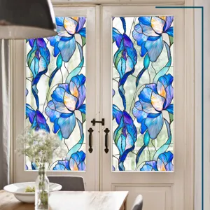 Film pour fenêtre vitrail autocollant intimité fleurs bleues décoration verre détail