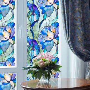Film pour fenetres decoratif statique vitrail fleurs bleues adhesif intimite vitre maison