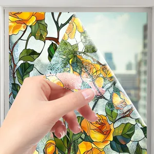Film pour vitre en verre teinté motif rose jaune, autocollant décoratif électrostatique.